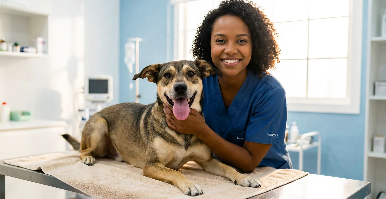 Médica veterinária da WeVets com um cachorro no consultório